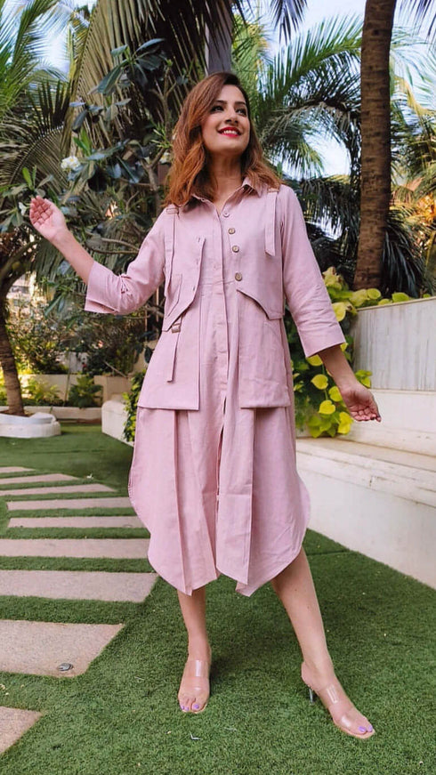 Champagne Shirt Dress With Waist Coat